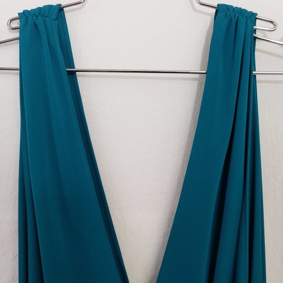 haute hippie Aquamarine Teal Plunging V Grecian Goddess Slit Maxi Gown Dress S M - Picture 4 of 16